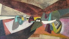 Vintage MCM Abstract Shapes Oil Painting Modern Wall Art Schultz Mid Century 50s