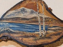 Hand Painted Art Oil Painting On Wood Slab Waterfall Snow Mountains Aspen Trees