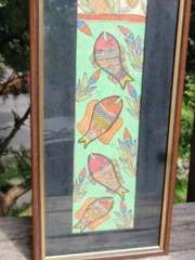 VINTAGE ORIGINAL FRAMED COLORFUL DRAWING PEACOCKS & FISH 25.5 X 7.5 INCHES