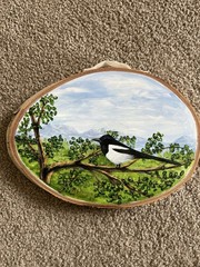 Vintage Hand Painted Birch Wood Slice Magpie Bird Wall Art Decor Signed 1999