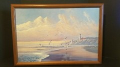 Vintage Framed Auaust Holland Painting Seashore Sand Lighthouse Seagull 24″ X 16