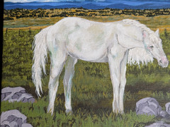 Horse pasture landscape acrylic painting blue sky white horse