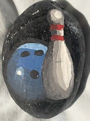 Hand Painted Rock Stone Miniature Art Painting Bowling Ball And Pin Handmade