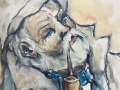 Signed Oil Painting 1971 Of An Old Man With Pipe And Hat