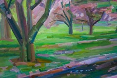 Original Cherry Blossom Landscape – Oil Painting by Nikolay Budylin, 2024