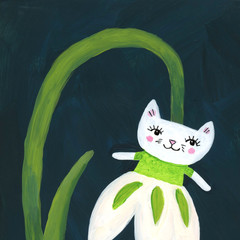 Snowdrop Cat Flower Painting, Fantasy Cat Art 6×8 on wood