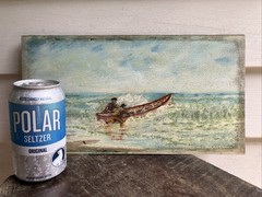 Vtg Folk Nautical Oil on Board Lifeboat in Surf – Crew in Oilskins & Souwesters
