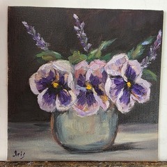 Original Signed Oil Painting still life Pansies flowers.