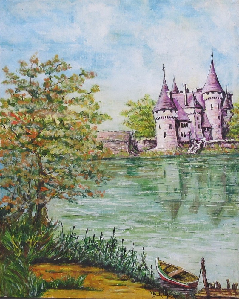 Vintage French Oil Painting, Chateau Sully-sur-Loire, Loire Valley River, Signed