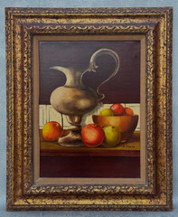 K HANLO HOLLAND SIGNED OIL PAINTING STILL LIFE SILVER VASE WITH ASSORTED FRUITS