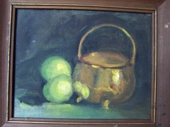 MCM 1970s STILL LIFE KETTLE AND APPLES MODERN IMPRESSIONISTIC ORIG OIL PAINTING
