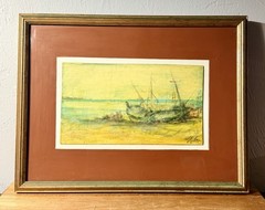 Nilo Lenci Vintage Harbor Scene Painting 1983 Italian Seascape Artwork