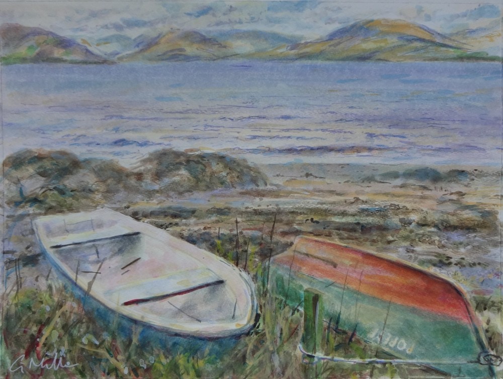 GERRY MILLER – „2 Boats, Bute Scotland“. Watercolour painting on paper. 45x34cm