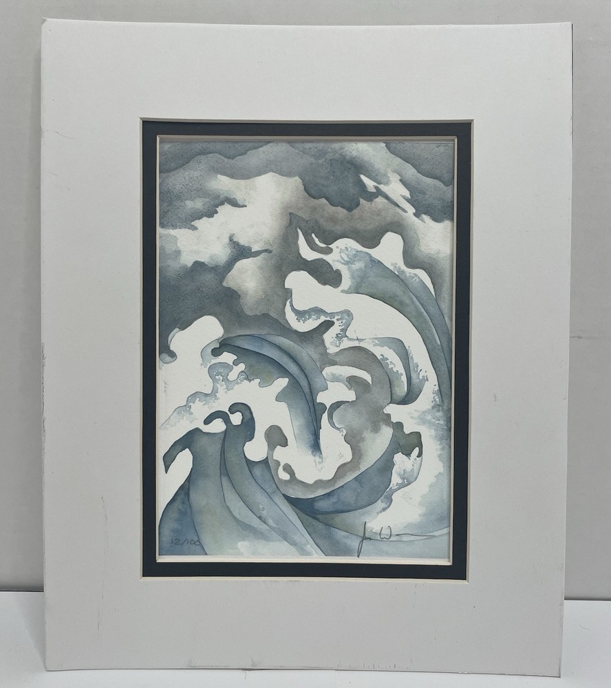 Small Modern Abstract Original Watercolor Waves Water Sky Signed Matte Blue