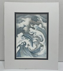 Small Modern Abstract Original Watercolor Waves Water Sky Signed Matte Blue