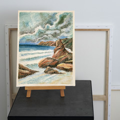 Original Pastel Seascape Artwork Stormy Ocean and Rocky Shore Drawing Coastal