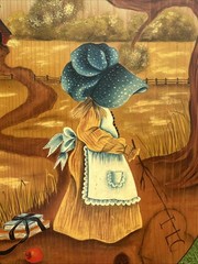 Vtg 1976 Primitive Toll Painted Pilgrim Girl Prairie Farm Painting Wood Oval