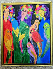 Hand Painted Acrylic on Canvas Painting „Three Sisters with Parrots“ . Signed.