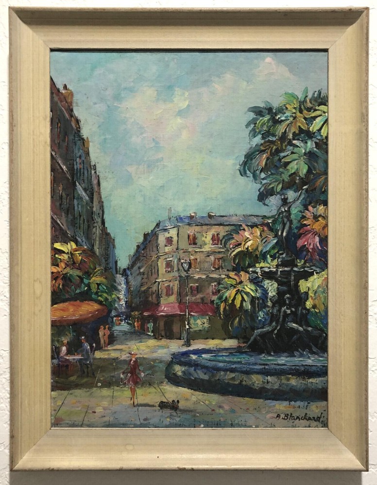MID CENTURY OIL Painting ~ PARIS FOUNTAIN ~ c.1950s French A. BLANCHARD