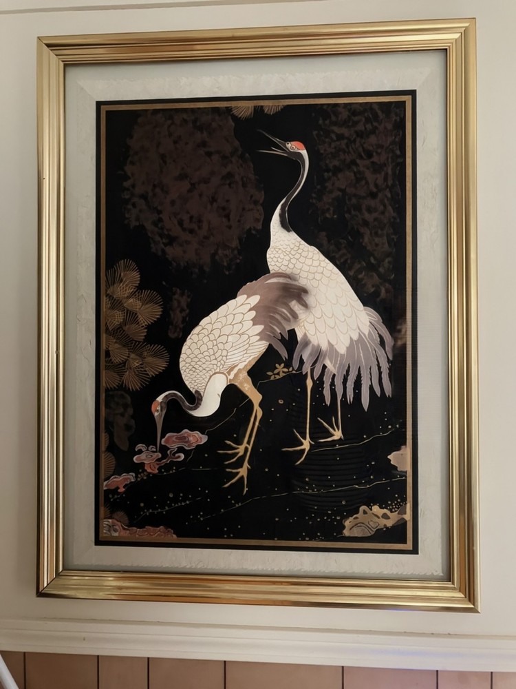 Asian Style Framed Canvas Painting – Cranes Birds on Black Background