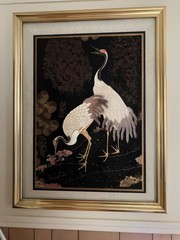 Asian Style Framed Canvas Painting – Cranes Birds on Black Background