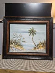Seascape Beach Palm Trees Scene Framed Original Signed Oil Painting 12x14in