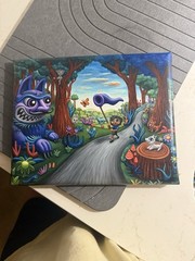 Signed Small Fantasy Cartoon Forest Animals Canvas Painting, Unframed