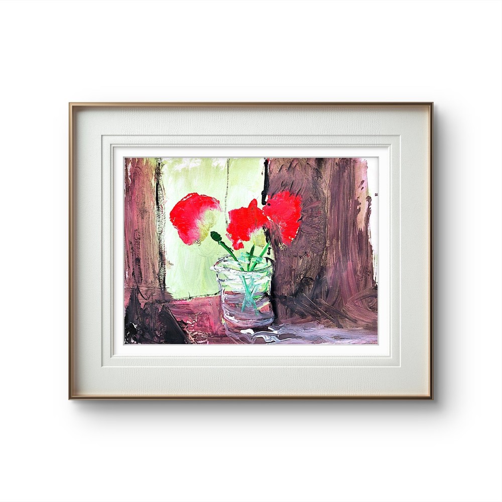 Flowers In A Jar Bold Color Modern Abstract Art Original Paper 9×12