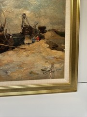 Antique Painting 1910’s Impressionist Coast Beach Industrial Boat Dock Listed