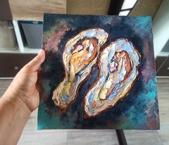 Original Oil Painting on Canvas Board 25x25cm Oysters Still Life Signed Art