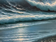 Oil Painting 24×36″ Ocean waves falling under night sky, lighthouse, seagulls
