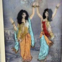 VTG Indian Mixed Media Dancing Women Art Silk Sari Fabric 3D Framed Painting