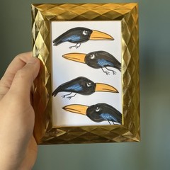 Ravens,crows,birds,funny,cute,original,miniature Painting,small,mini,framed