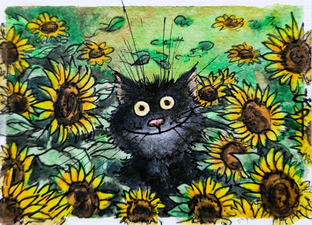 ACEO Black Cat Painting Sunflower Field Summer Flower Watercolor Original Art