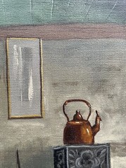 Oil Painting Farmhouse Interior Bed Grandfather Clock Oven Copper Cauldron Broom Table