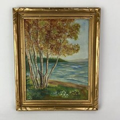 Vintage Oil Painting Artist Santos Vieira Lake With Trees 14” By 17” Framed
