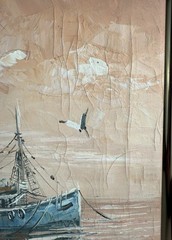VTG Oil Painting Harbor Scene w/ Fishing Boats Framed Dockside Coast MCM Signed