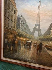 Large Vintage Paris Street Scene Oil Painting Eiffel Tower Framed 53×41