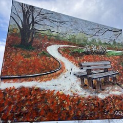 New York City Central Battery Park Bench in Fall Oil Painting OOAK Sign❤️gsc10m6