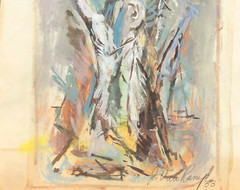 Expressionist Tree 15 1/4 x 9 3/4″ Casein Painting-1953-Joseph Van Ramp