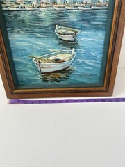 W. Chapman Original Framed Oil Painting Seascape Boats Harbor Mountains 18×15