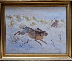 Scandinavian Painting, Hares, Rabbits, on Sand Dunes Monogrammed. Dated 1934.