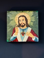 Miniature Original Painting On Wood Block Sacred Heart Of Jesus 4 x 4 Inches