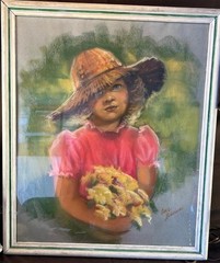 Vintage Pastel Drawing American Art Painting Original Framed Portrait Young Girl
