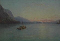 19th Century Watercolor of Ship Sailing Towards Sunset by Austrian Anton Muller