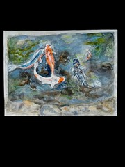 Amature Art Orignal Watercolor Painting Koi Fish Pond „Friends On A Spring Day“