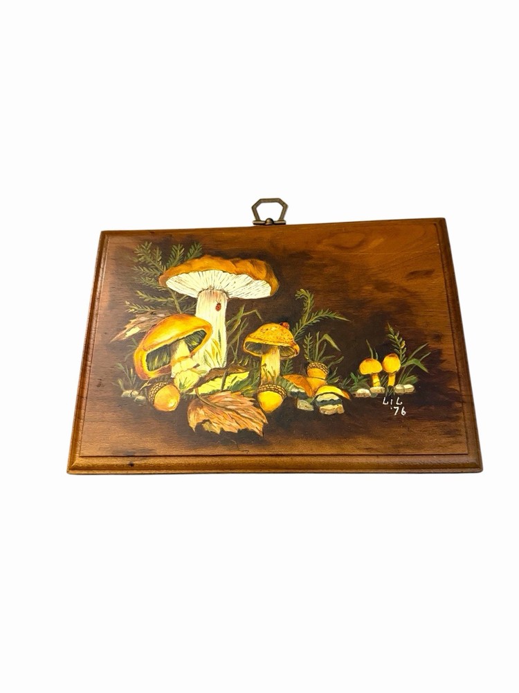 Vtg 1976 Mushroom Tole Painting Hand-Painted Wood Wall Decor Acorns Lady Bugs