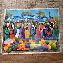 VTG Haitian Folk Art Naïve Style Market Scene Oil/Acrylic Painting Canvas Signed