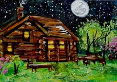 ACEO Original PAINTING Spring TREE Night Sky Moon CABIN Nature Landscape ATC ART