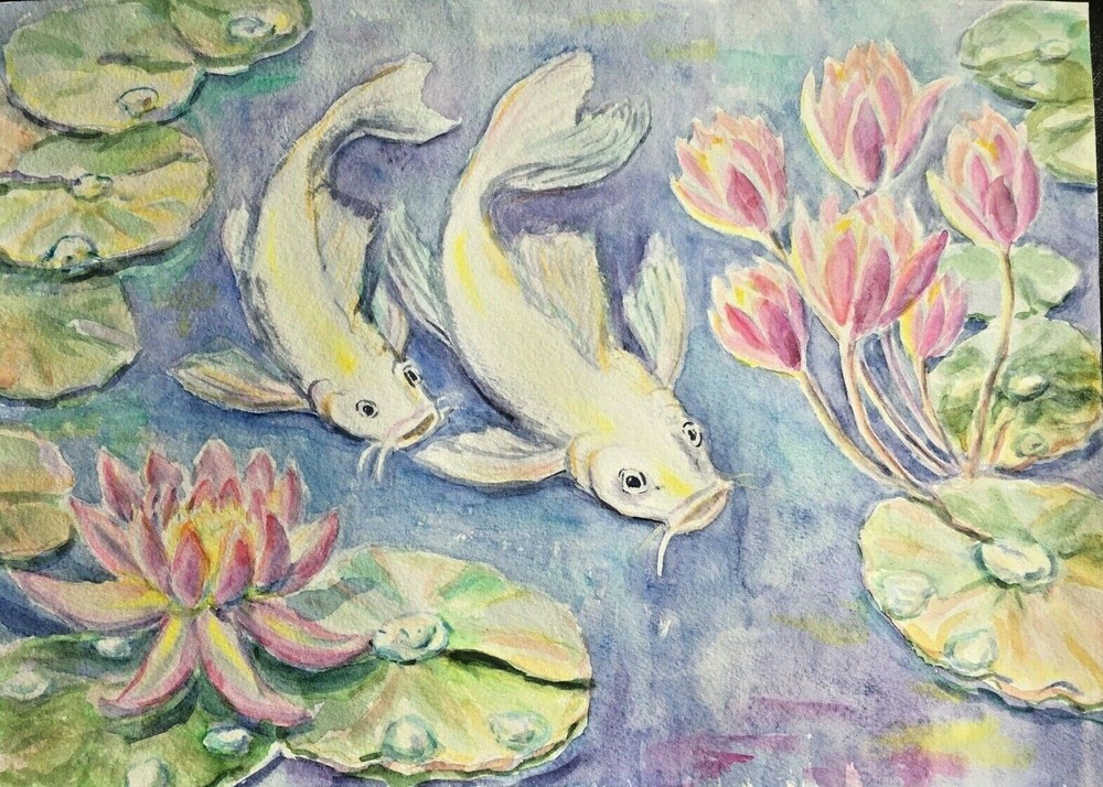White Koi Carp Fish In a Pond Wall Art. Watercolor painting 11,5″ x 16,25″